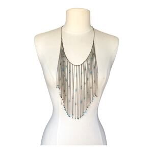CN Signed Boho Statement Fringe Bib Necklace Blue Crystals with Lobster Clasp